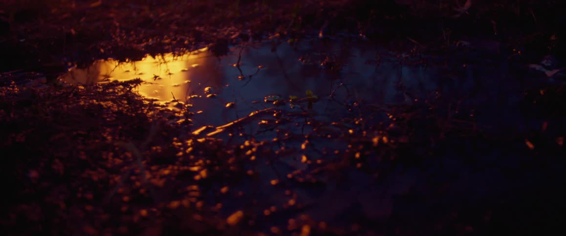The flames of a fire reflect in a puddle at night