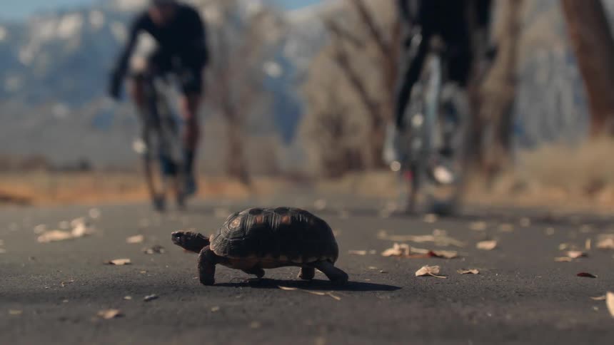 Two bicycles race across a rural road beside a turle