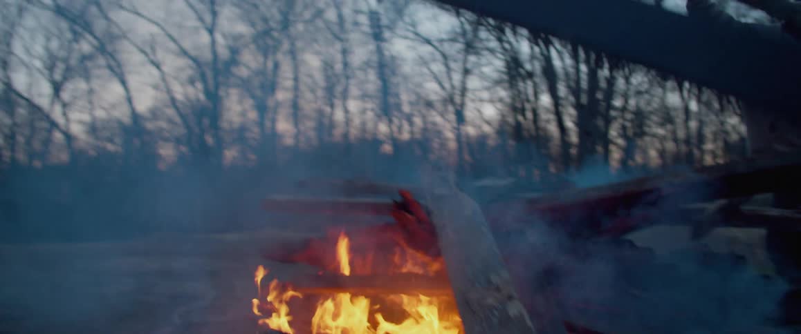 A person throws wooden planks on a campfire in a woodland in the evening