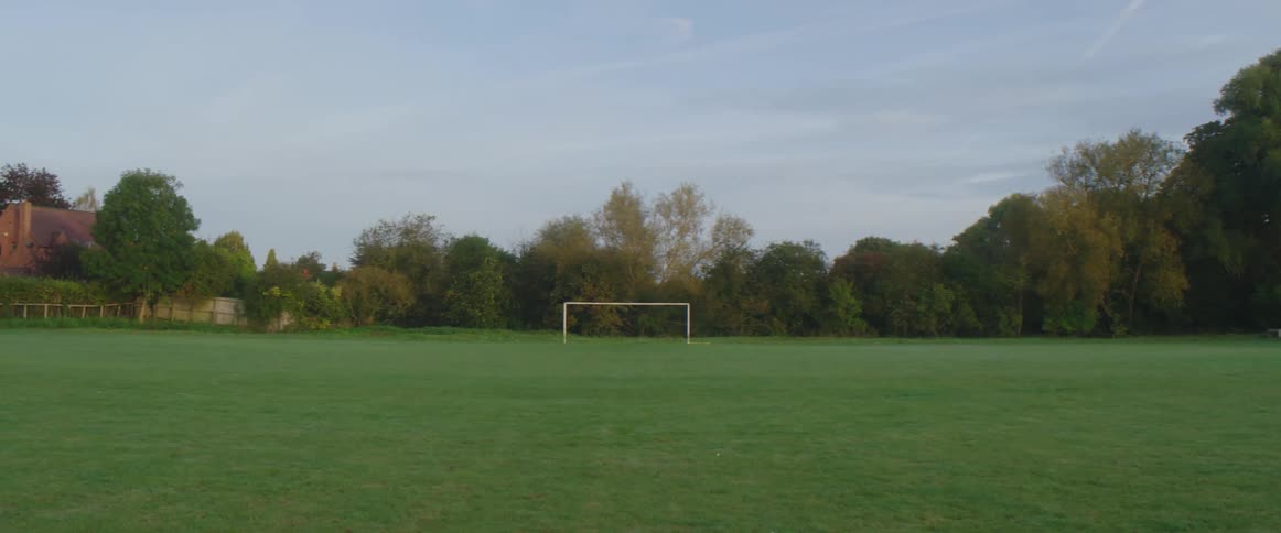 Grass field surrounded by trees with a soccer goal in the distance