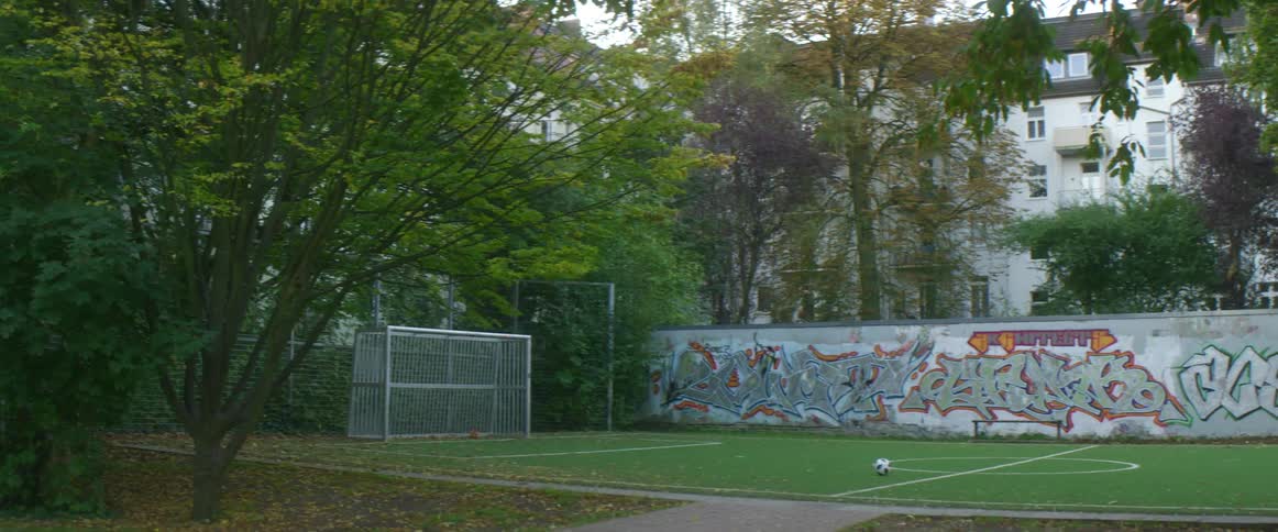 An empty field is displayed where people play soccer