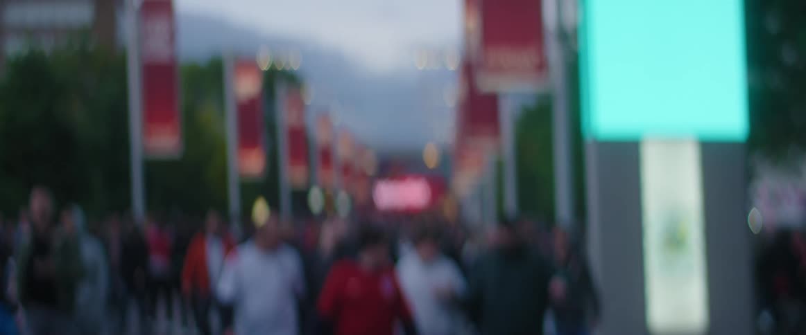A crowd of people are walking through a city in spring