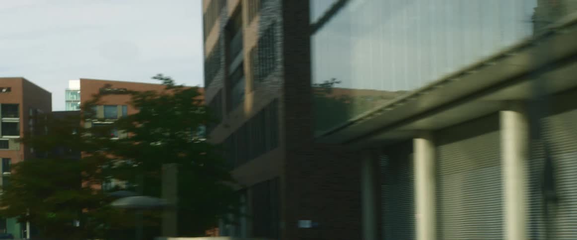 A view from a car driving around downtown