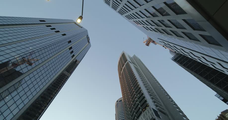 Tall skyscrapers on the city skyline under the blue sky at morning