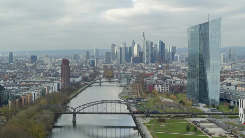 Aerial view of a downtown city is displayed in spring