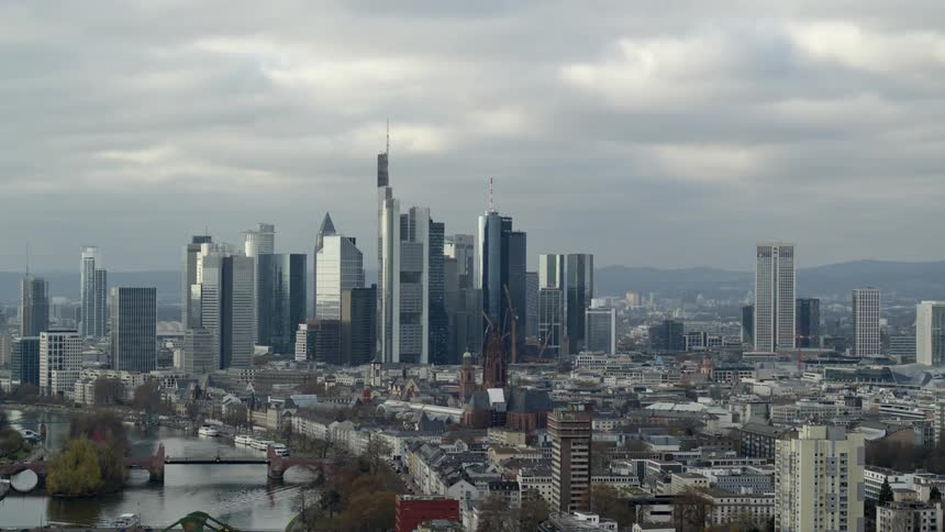 Aerial view of high rise office buildings in the city on a cloudy day