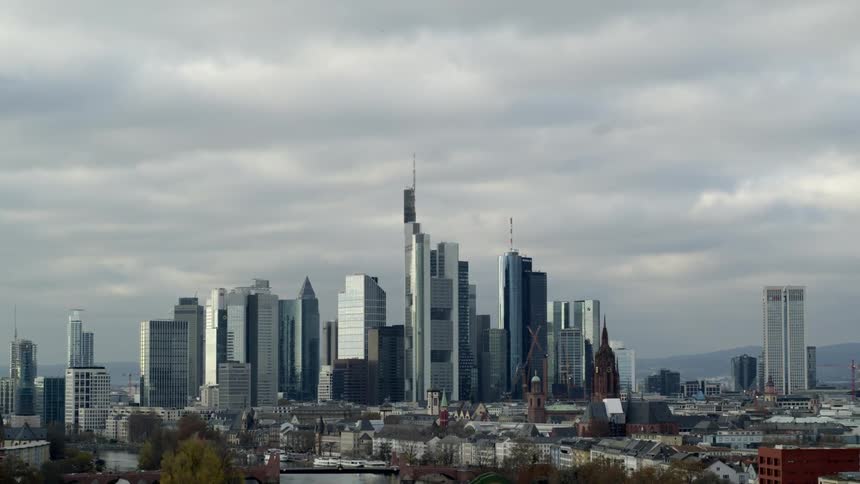Aerial view of a downtown urban city is displayed