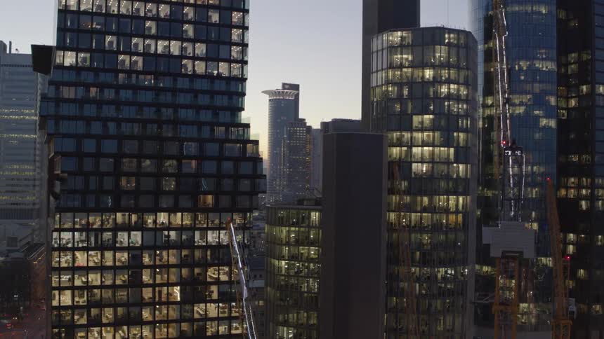 A closeup view of buildings in a downtown city is displayed
