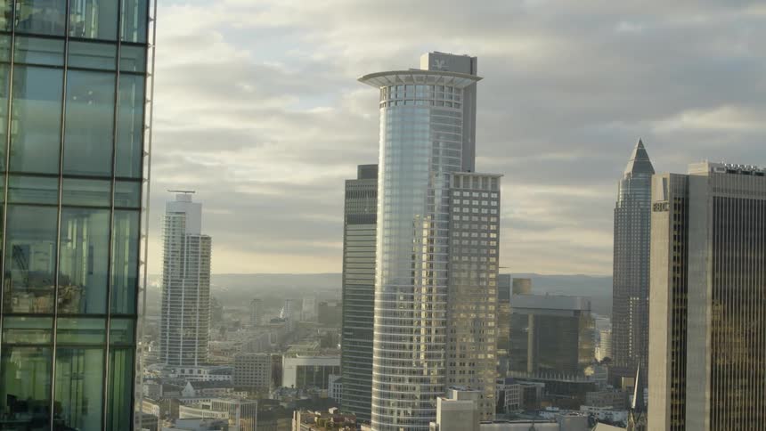 An aerial view of tall skyscrapers in a large city