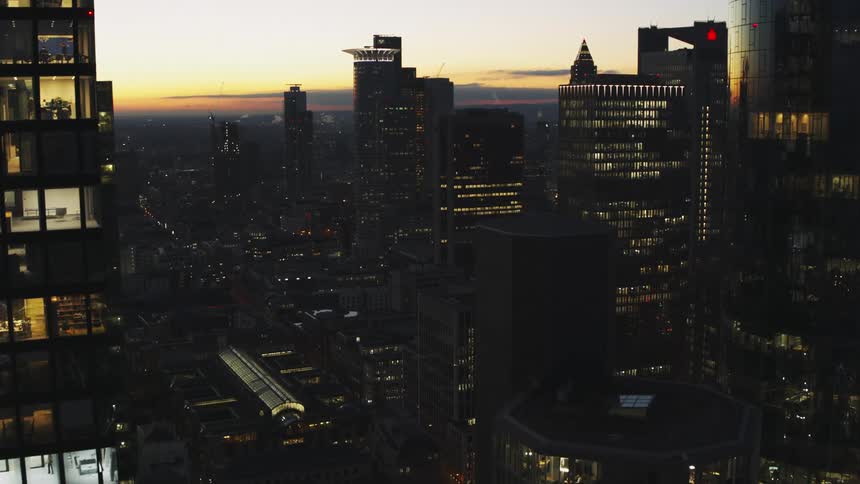 Birds fly around skyscrapers in a dense city at dusk