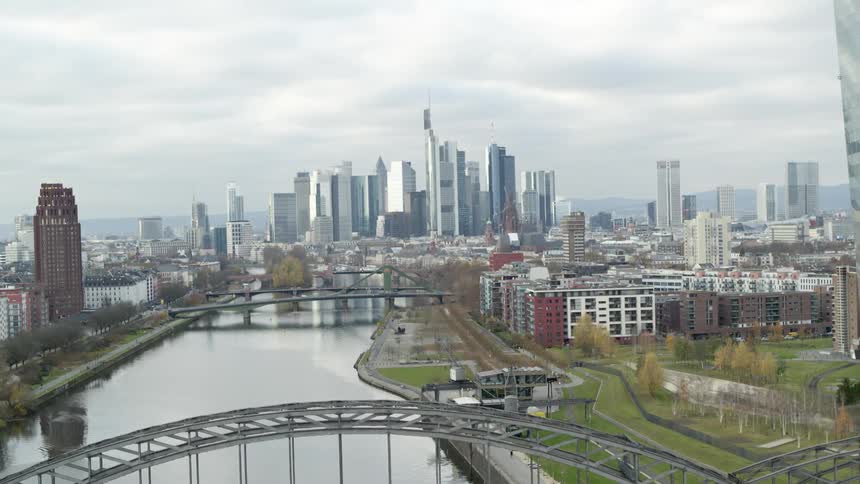 Aerial view of a downtown city is displayed in spring