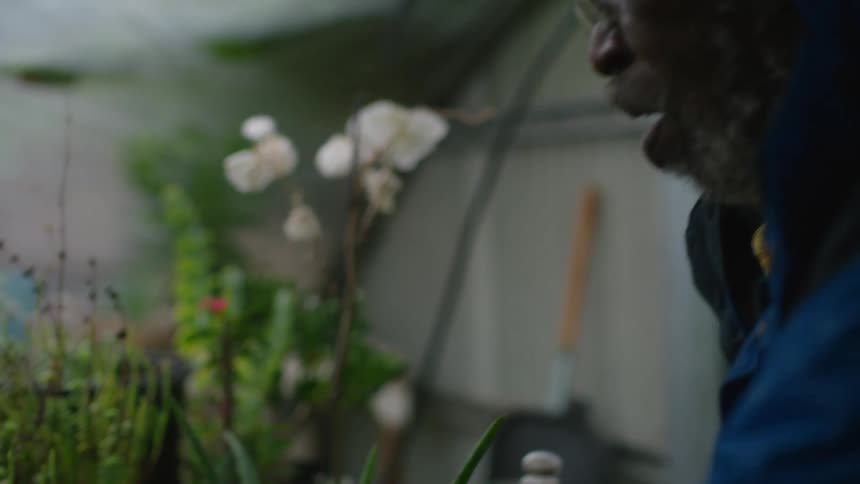 A man in a greenhouse waters plants and then checks the temperature of the water with his hand