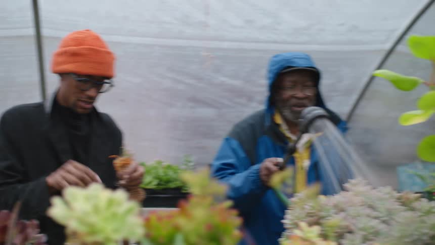 Two coworkers in a greenhouse talk as one waters plants and the other picks pieces off a flower