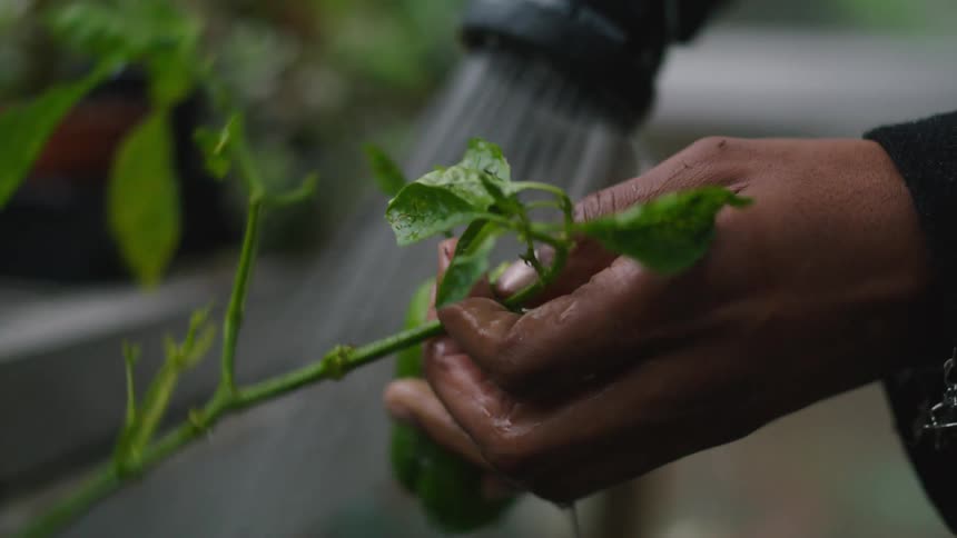 A man is washing off a green pepper with a water hose