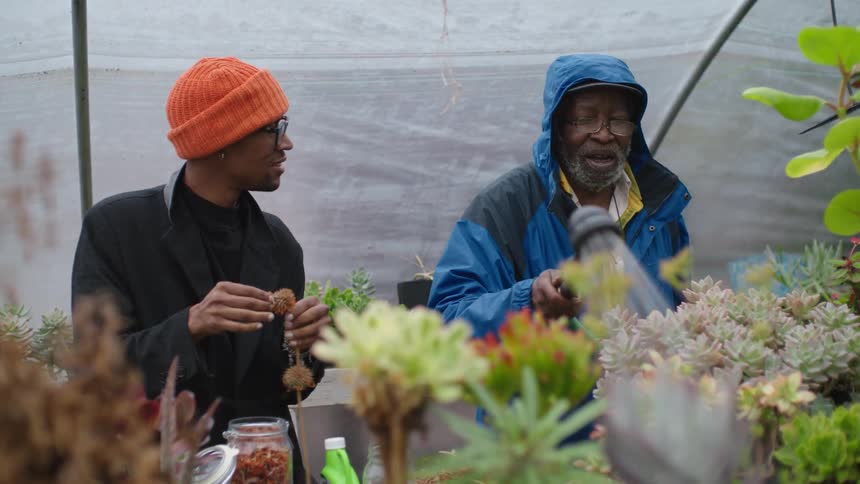 A man puts dried plants in a jar as another man waters plants in a greenhouse
