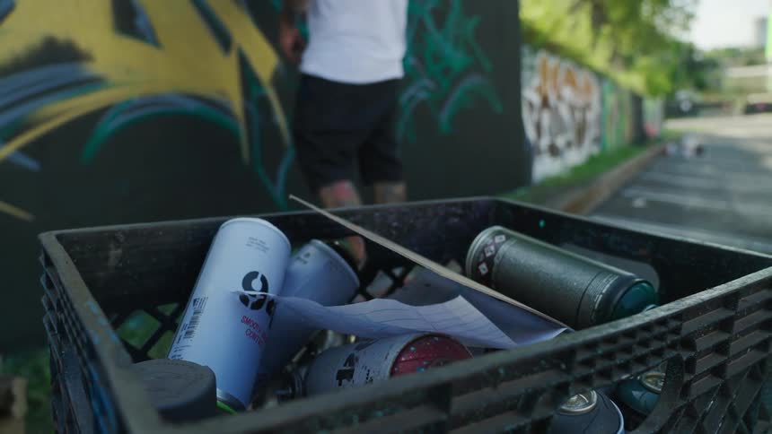 A person spray painting on a wall
