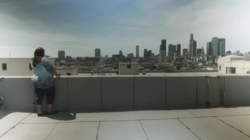 A woman in a blue shirt looks out at a city