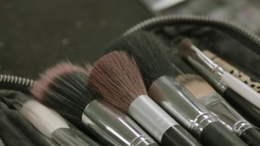 Makeup brushes in an open bag