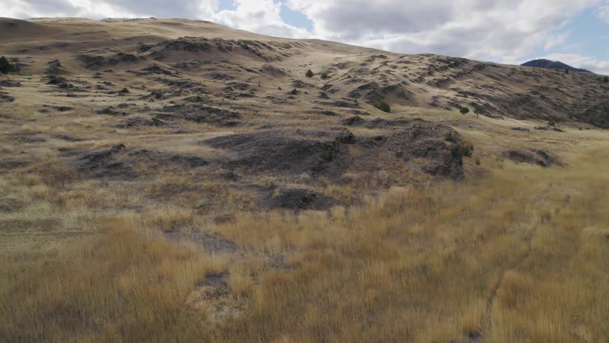 Dry grass and mountains in the distance under a cloudy sky