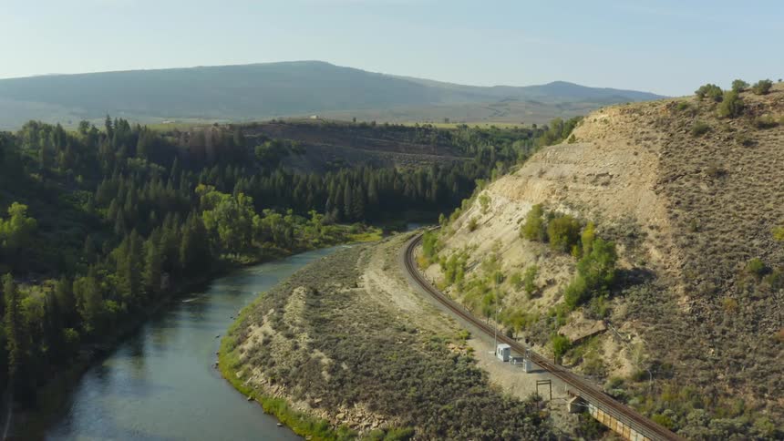Aerial view of river near valleys are displayed in spring