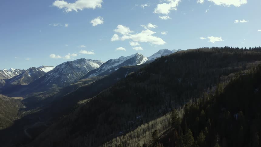 Aerial view of pine tree forests on the slopes of a mountain range in the morning