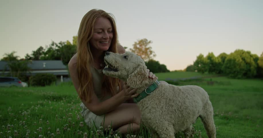 A woman is sitting in a field of grass and petting her dog