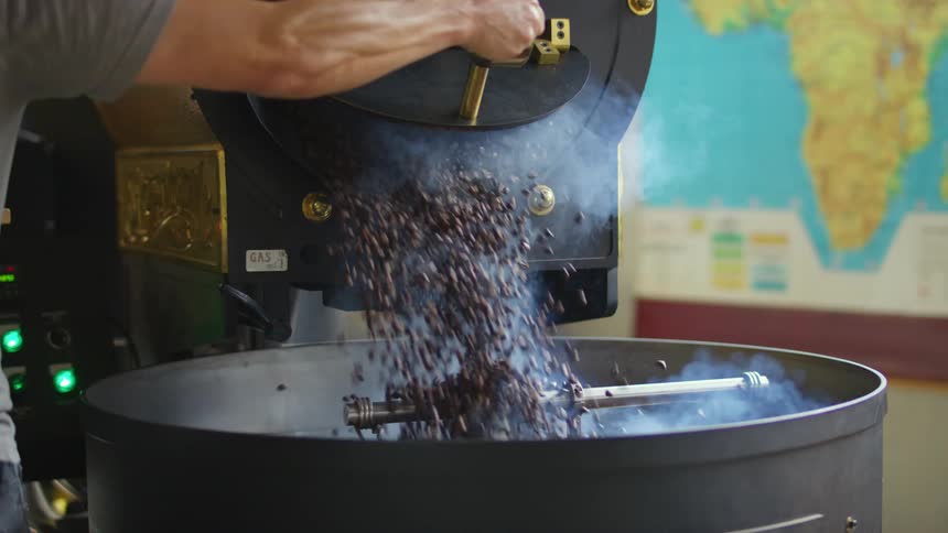 Freshly roasted coffee beans being poured into a grinder