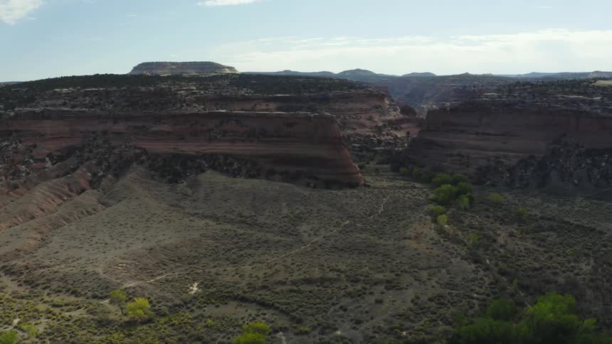 Aerial view of a canyon through the mesa in the badlands at morning