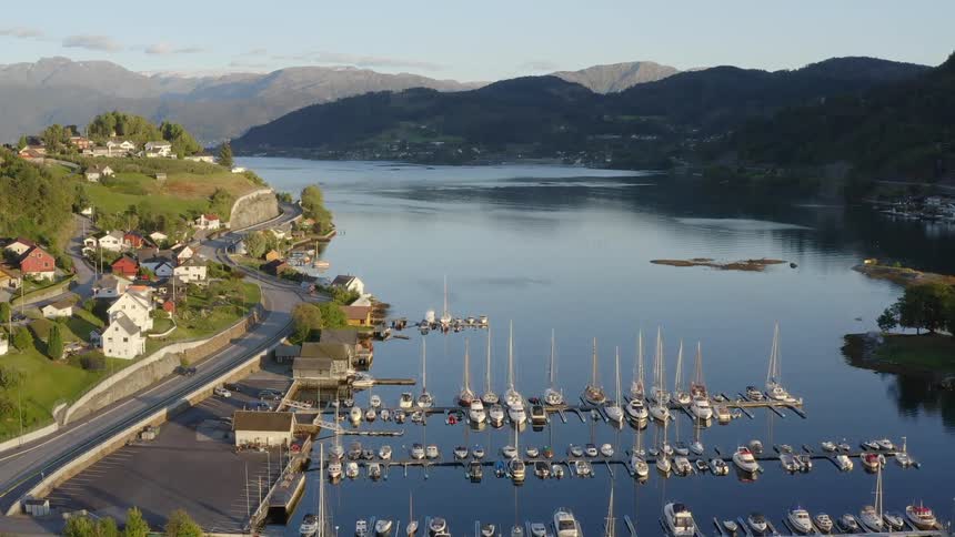 An aerial view of a harbor in a lake