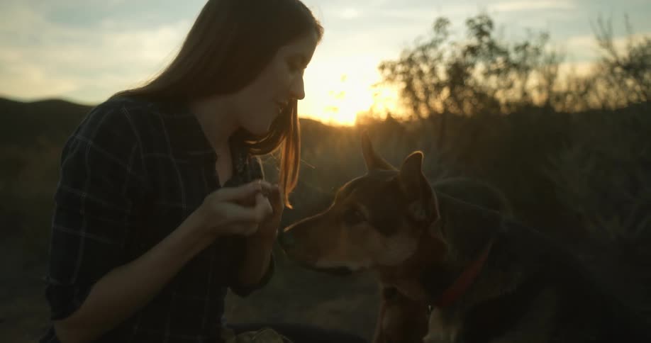 A woman gives treats to her dogs
