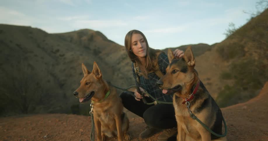 A woman is squatting down next to two dogs who are sitting in the mountains