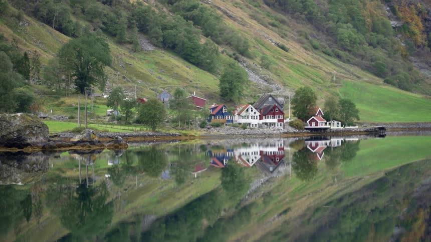 Houses are sitting on the coast of a river