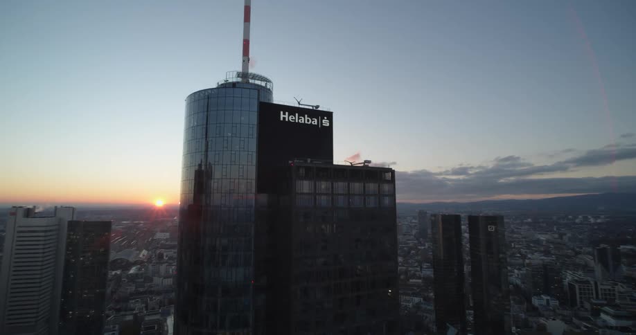 An aerial view of high rise office buildings in a downtown area