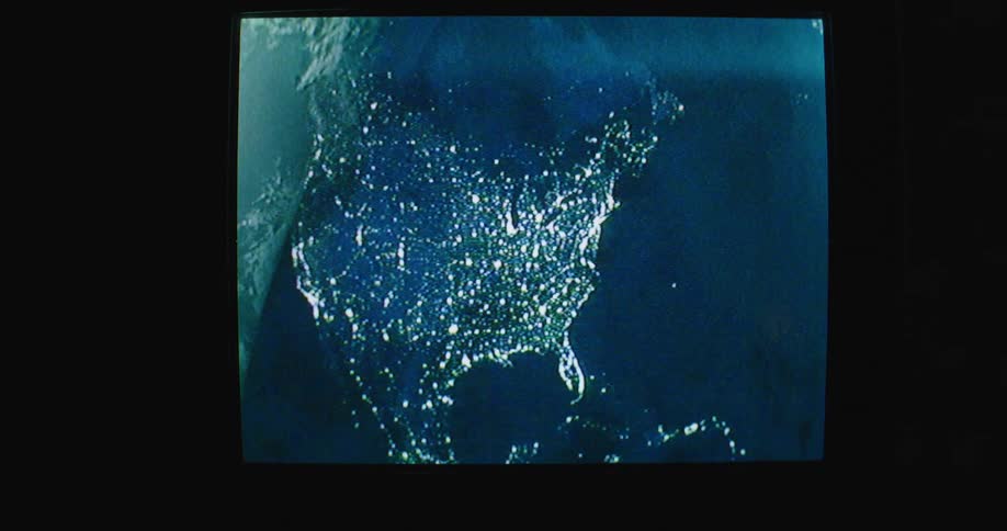 Map of the united states of america as seen from space at night on a vintage television screen