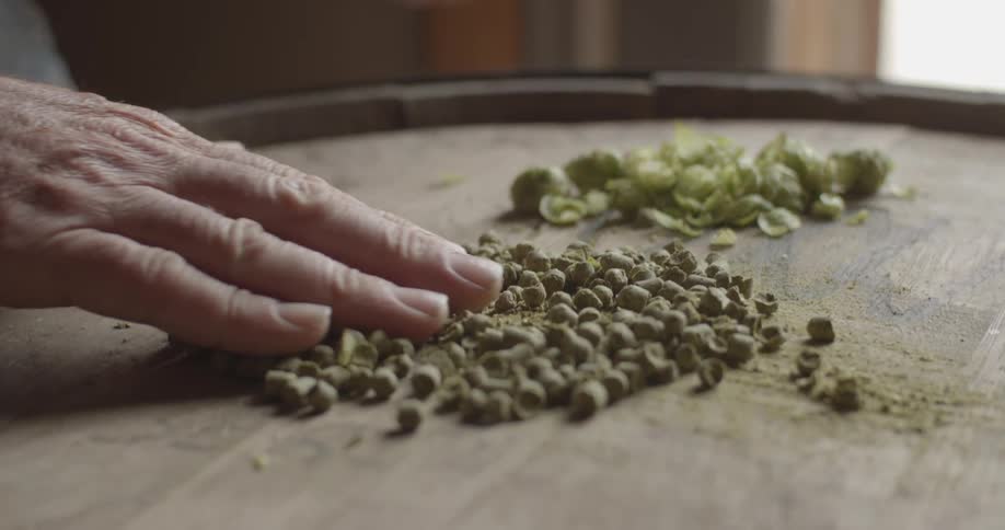 Man shells beans onto top of wooden barrel