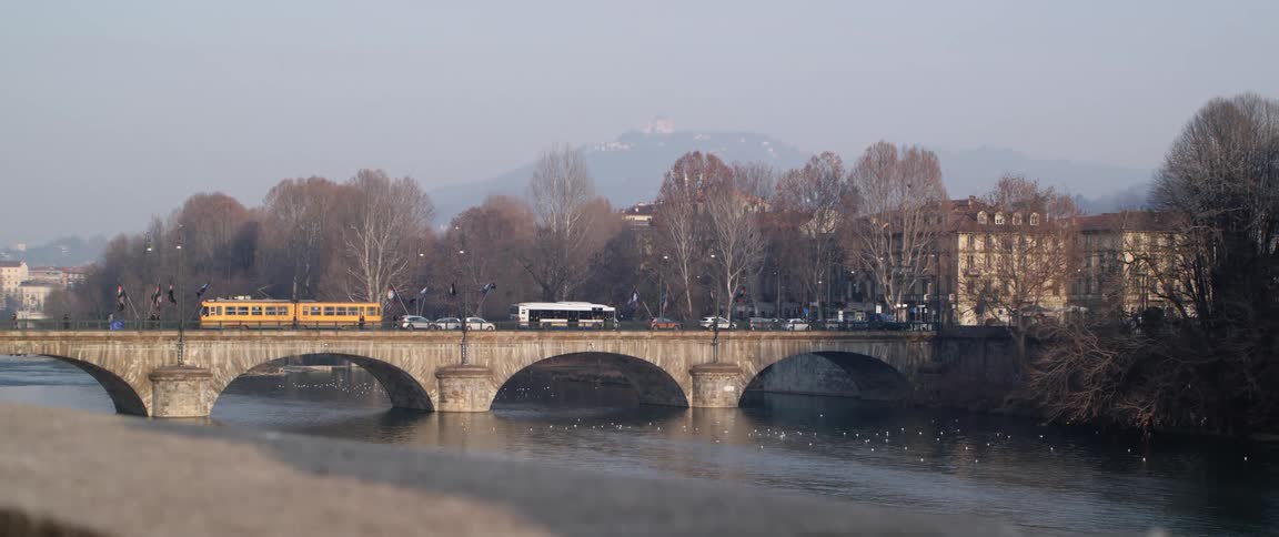 A train and other vehicles travel over the bridge