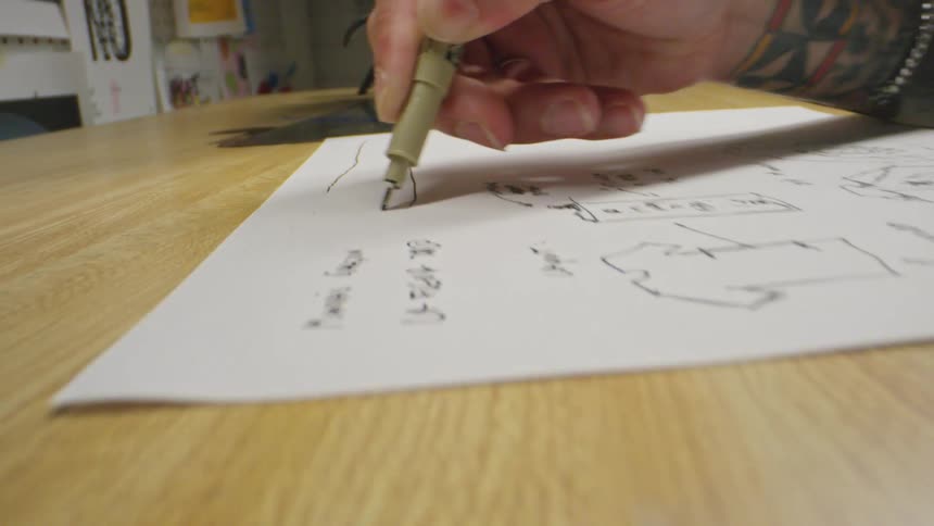 Male artist with tattoos wearing shorts sits and sketches on paper