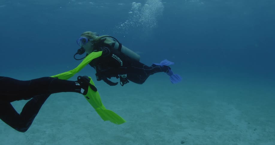 A pair of scuba divers are swimming and making bubbles