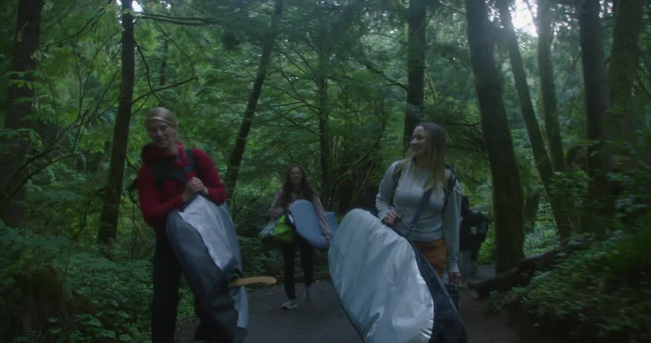 Group of friends are hiking through a forest in spring