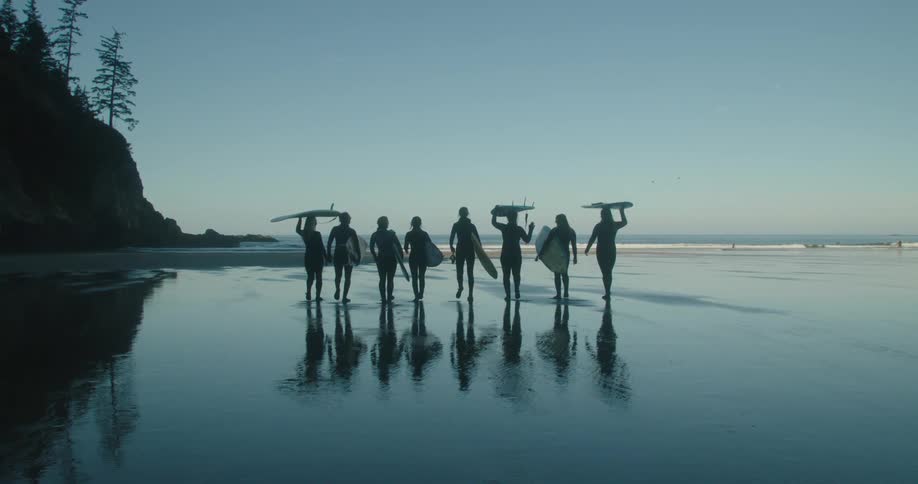 A group of surfers carrying surfboards is silhouetted against the sky on the beach