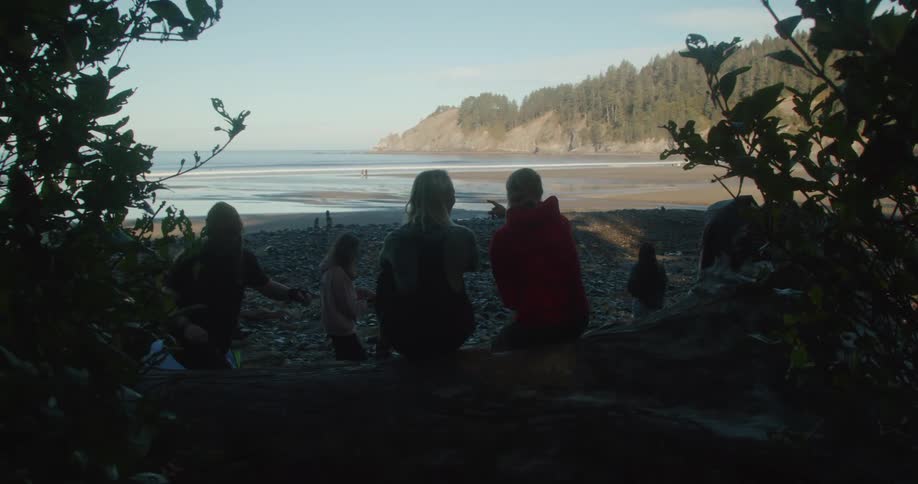 Group of friends sitting on a log near a beach in the mountains at morning