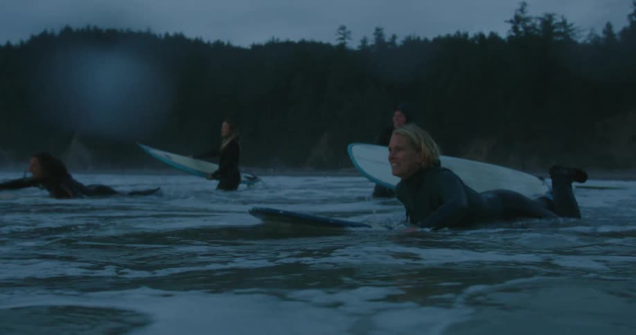 Group of women wearing wet suits swimming over surfboards near the beach at morning