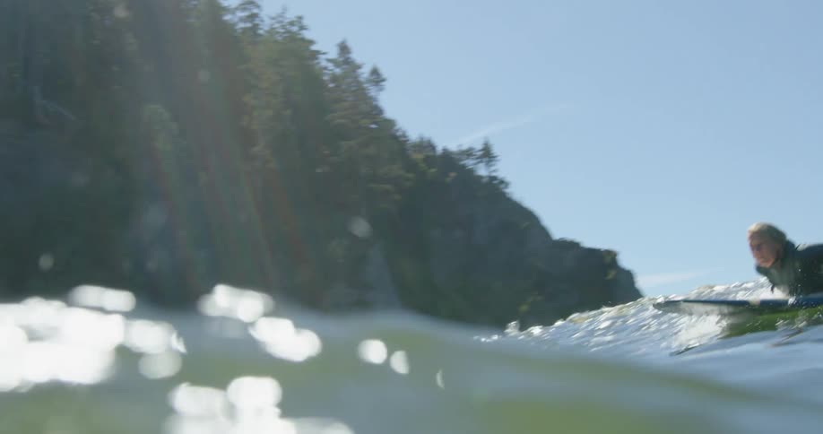 A view of women surfing on a large wave