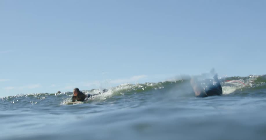 A pair of women lying atop their surfboards head towards the shore side by side