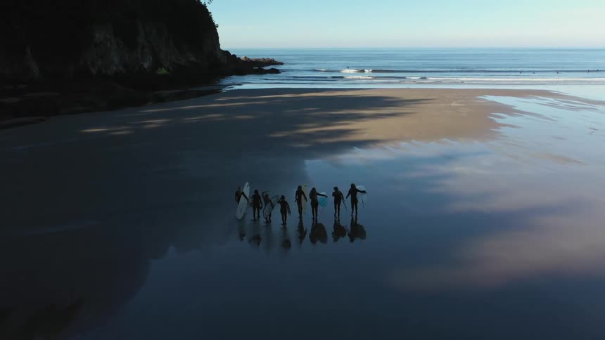 Aerial of surfers walking on the beach towards the ocean