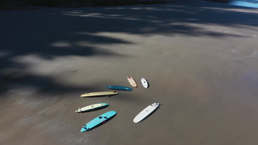 Seven surfboards are left at the sandy beach