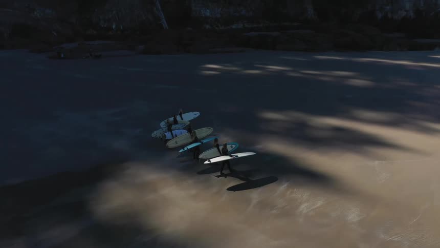 Aerial view of a group of surfers carrying surfboards walking on beach next to sea