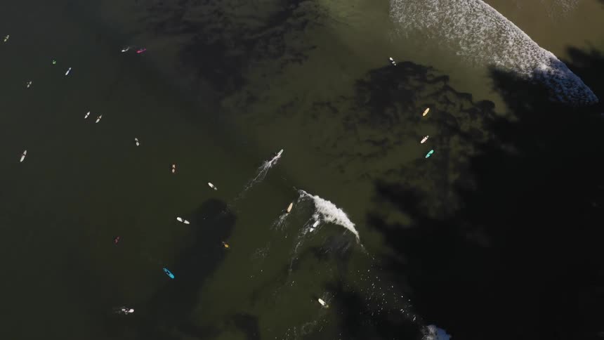A view of surfers on waves from the sky