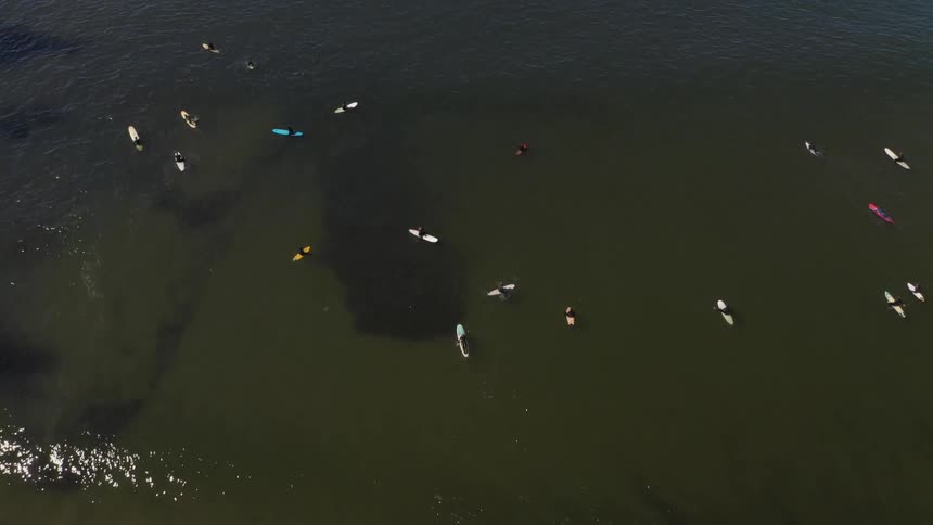 Aerial view of a group of surfers riding colorful surf boards over the ocean waiting for waves