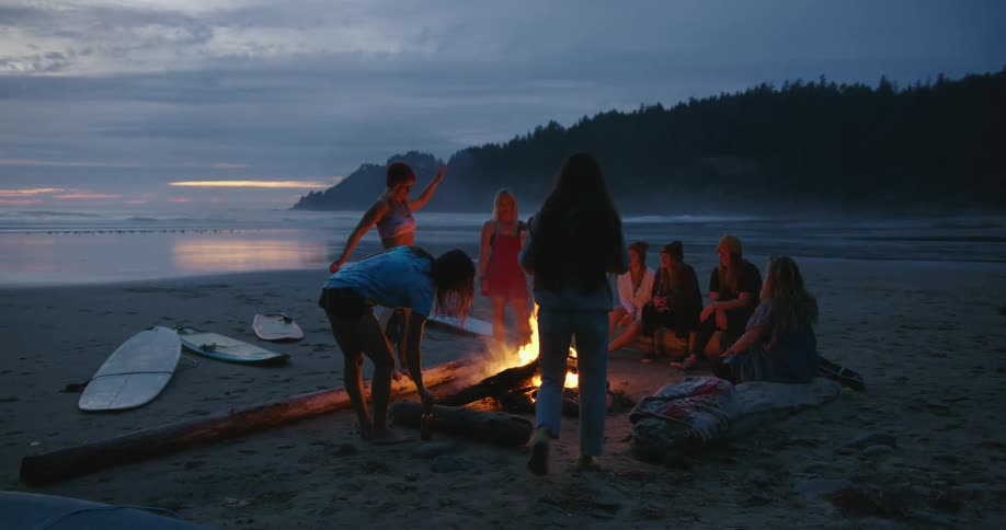 A group of friends are at the beach by a bonfire
